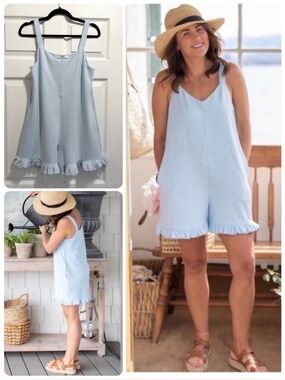Smash + Tess Jillian Harris Ruffle Boardwalk Shorty Romper Saltwater Blue Sz XS